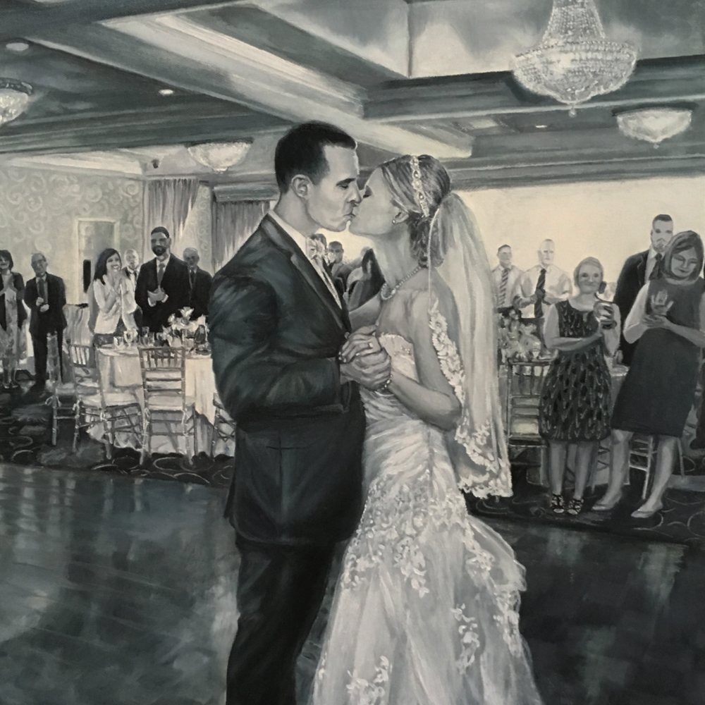 black and white painting of couple at wedding