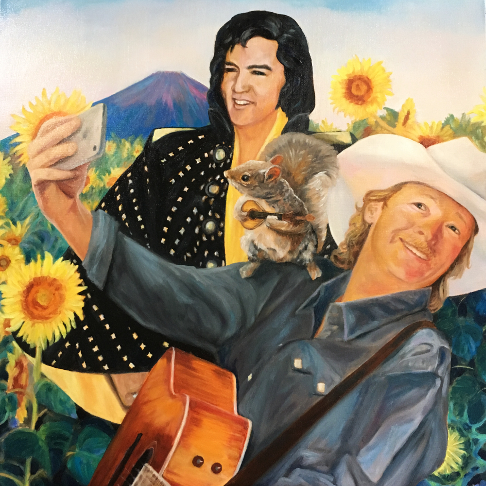 painting of elvis alan jackson and a squirrel in a field of sunflowers