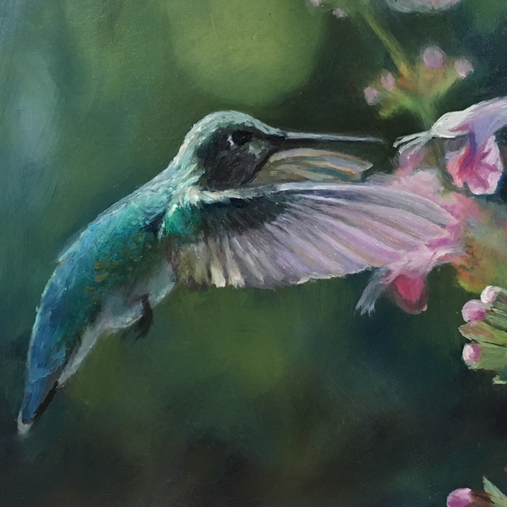 painting of hummingbird flying at flower