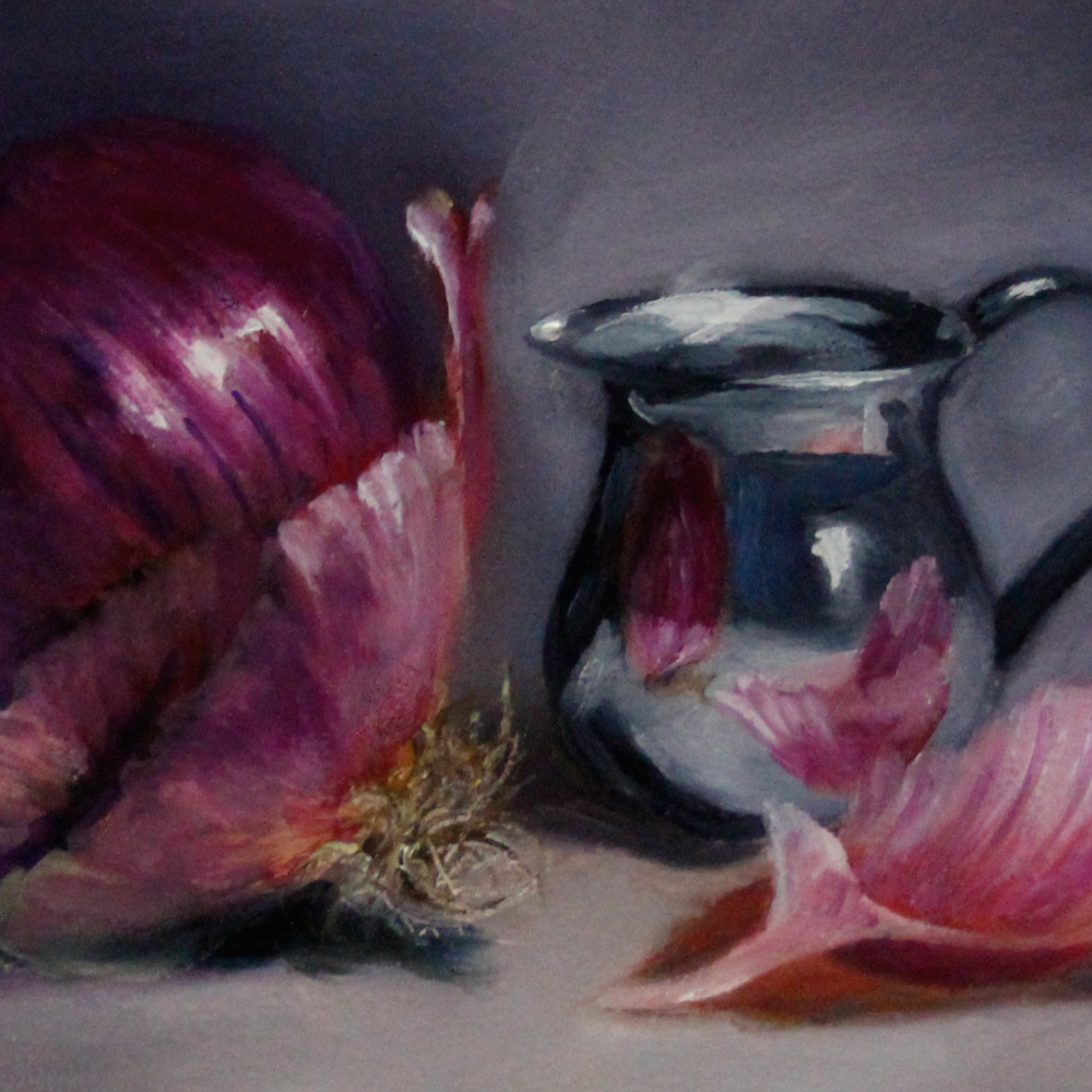 painting of red onion and silver creamer