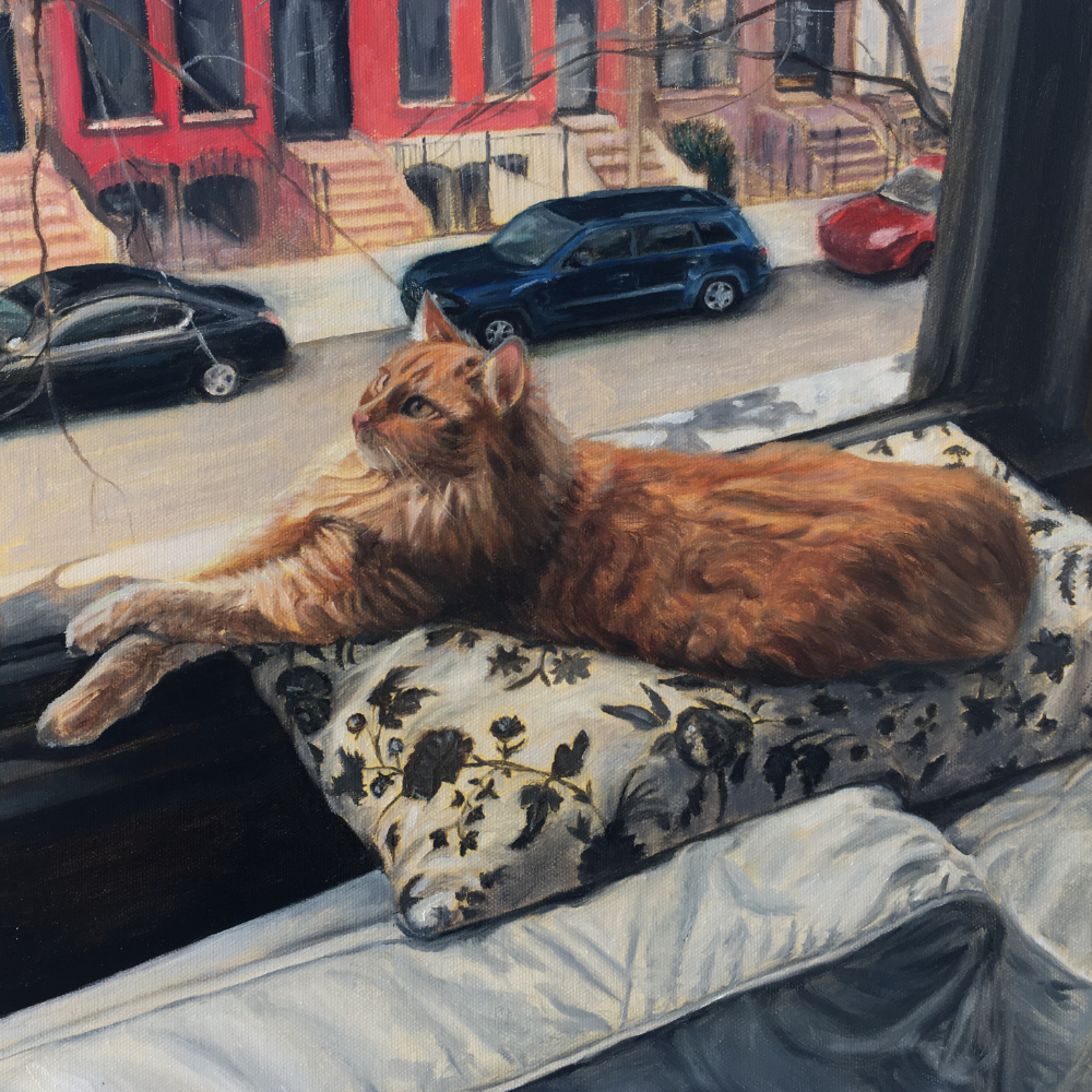 painting of cat in front of a window laying on a pillow